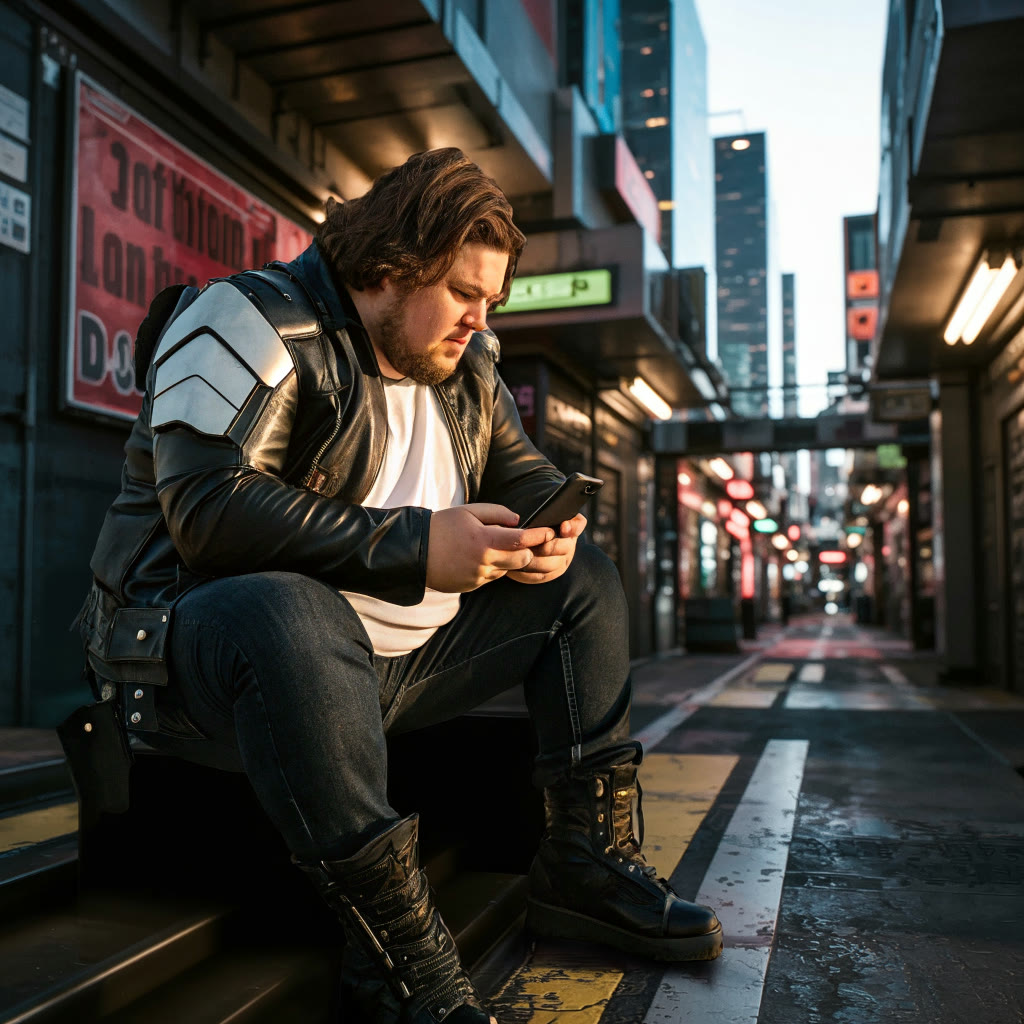 The same man placed in a city alley after background replacement