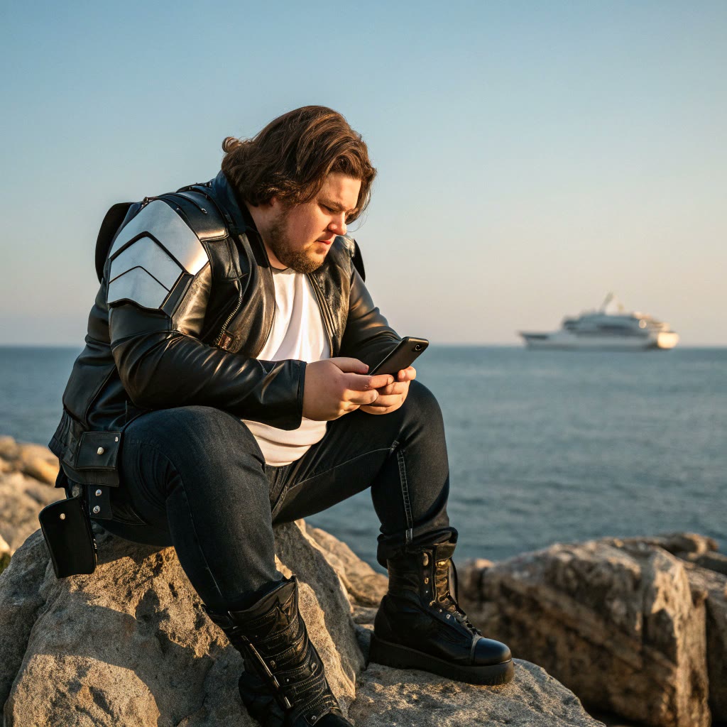 Man sitting on coastal rocks before background replacement