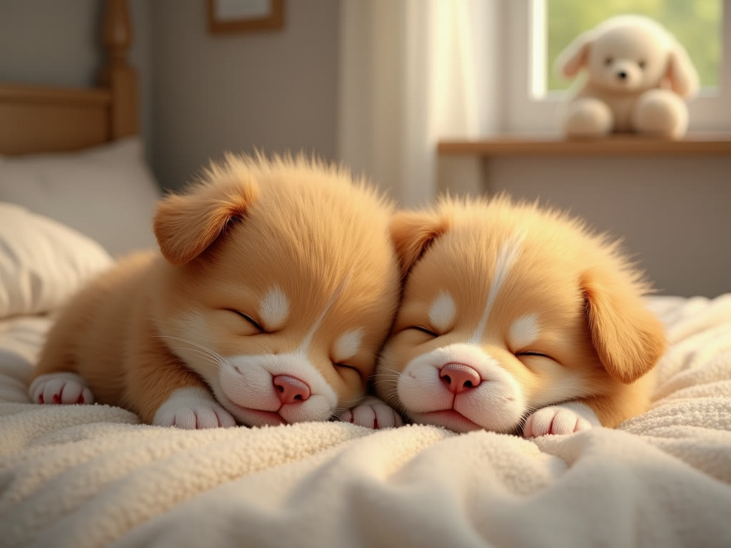 Original landscape image of two sleeping puppies on a bed