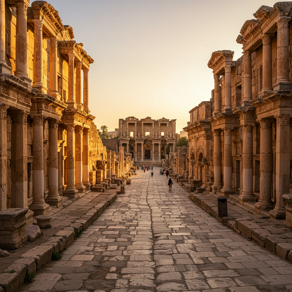 Original sunlit street through an ancient architectural site