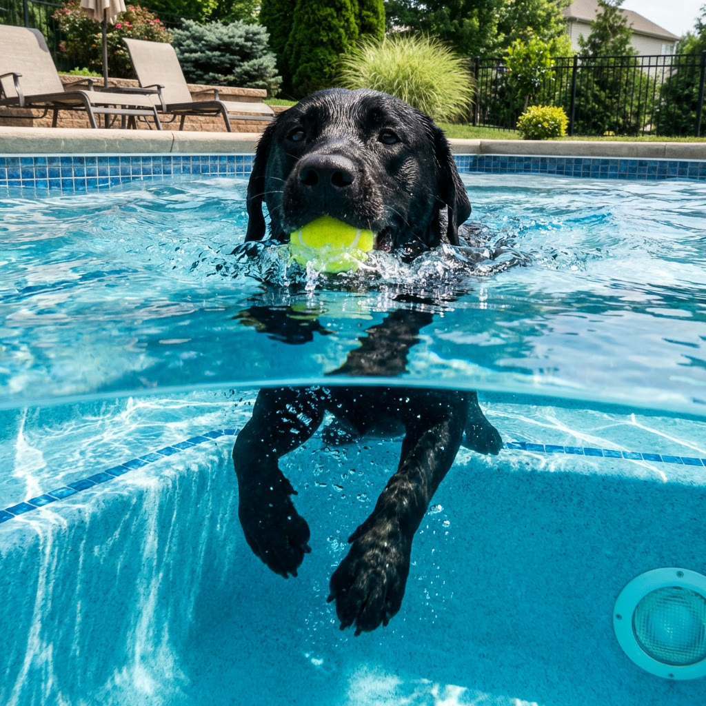 Detailed black dog swimming in a pool generated with Nano Banana Pro
